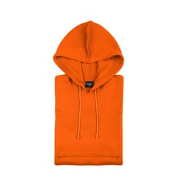 An orange adult technical sweatshirt with a hood, neatly folded and featuring a logo.