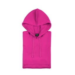 A vibrant pink adult sweatshirt with a hood, featuring a drawstring and a label, folded neatly.