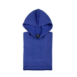 A blue adult technical sweatshirt with a hood and drawstrings, featuring a logo on the label.