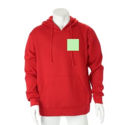 A red hoodie featuring a front pocket and a logo on the chest area.