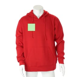 A red adult technical sweatshirt with a front pocket and a logo on the chest area.