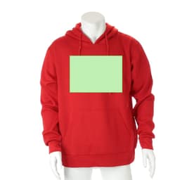 A red adult technical sweatshirt with a hood and a front pocket. It has a blank area for branding or designs.