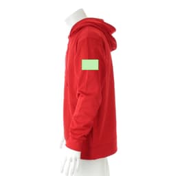 A red adult technical sweatshirt featuring a hood and a placeholder on the left sleeve, displayed on a mannequin.