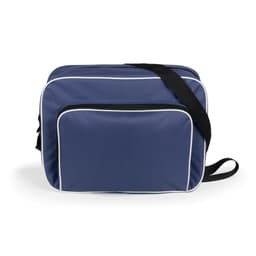 A navy blue bag with white piping, featuring a front pocket and an adjustable shoulder strap. It has a logo.