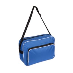 A blue bag with a black strap and white piping, featuring multiple compartments and a logo.