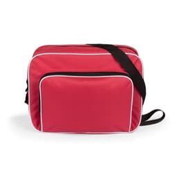A red bag with white trim and a black strap, featuring a front pocket and a logo.