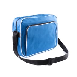 A blue bag with a front pocket and a black adjustable strap, featuring contrasting white piping and a logo.