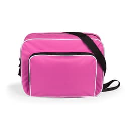 A pink bag with white trim and a black strap, featuring a front pocket and a sleek design.