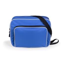 A blue bag with white trim, featuring a front pocket and an adjustable strap. It has a logo on the surface.
