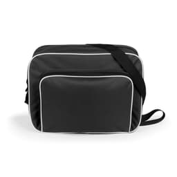 A black bag with white piping, featuring a front pocket and an adjustable shoulder strap. It has a simple logo on it.