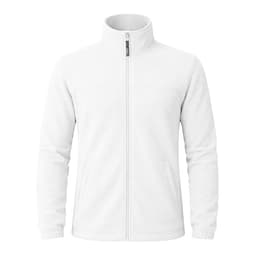 A white polar fleece jacket with a zip front and side pockets, featuring a logo on one side.