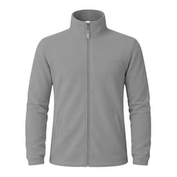 A polar fleece jacket in light grey with a zip front and two side pockets. It features a branded logo.