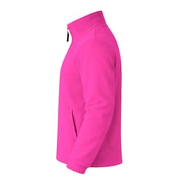 A polar fleece jacket in bright pink with a zip-up collar and side pockets. It features a logo on the chest.