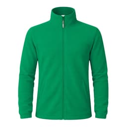 A green polar fleece jacket with a zip front, featuring side pockets and a high collar. It has a logo on it.