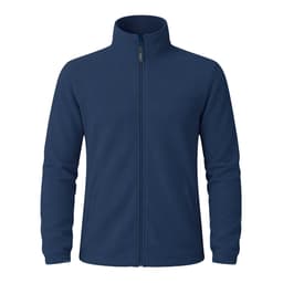 A polar fleece jacket in navy blue featuring a full zip and a high collar, with a logo on the front.
