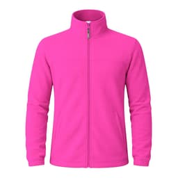 A pink polar fleece jacket with a zippered front and a high collar, featuring a logo on the chest.