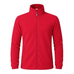 A red polar fleece jacket featuring a full zip and a stand-up collar, with a branding logo.