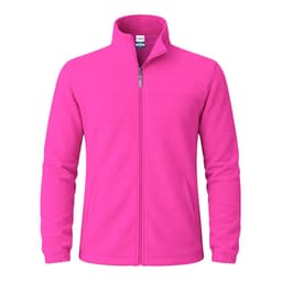 A polar fleece jacket in vibrant pink, featuring a zippered front and a collar. It has a logo on one side.