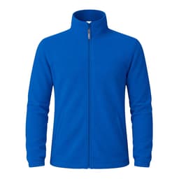 A blue polar fleece jacket with a high collar and zip fastening, featuring a logo on the front.