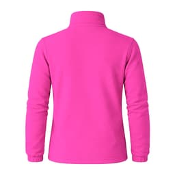 A polar fleece jacket in bright pink with a collar and long sleeves, featuring a small logo.