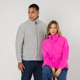 A polar fleece jacket in grey worn by a man and a bright pink version worn by a woman, both featuring a logo.