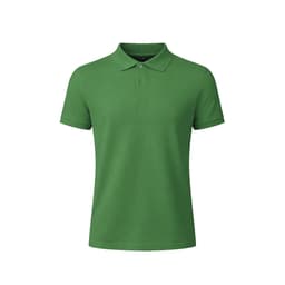 A green polo shirt featuring a collar and buttons, with a logo on the chest.