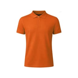 An orange polo shirt with a collar and three buttons, featuring a small logo.