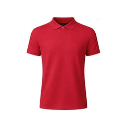 A red Bartel polo shirt featuring a collar and three buttons, with a branding logo.
