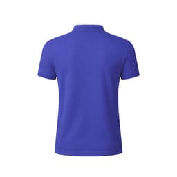 A purple polo shirt with a classic collar and short sleeves, featuring a logo on the back.