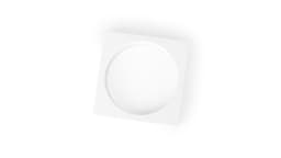 A square white plate with a circular indentation in the centre, featuring a smooth surface.