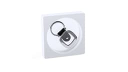 A silver keychain with a square ring attachment on a plain white background.