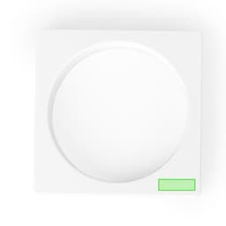 A white circular pouch with a square design, featuring a small green accent. It has a logo on one side.