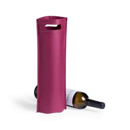 A magenta bag with a handle, designed to hold a wine bottle, positioned next to a wine bottle.