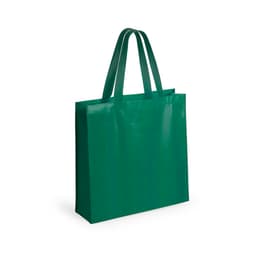 A green tote bag with two handles and a glossy finish, featuring a logo.