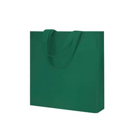 A green tote bag with sturdy handles and a simple design, featuring a logo on one side.