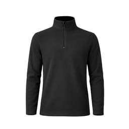 A black polar fleece jacket with a half zip and long sleeves. It features a simple design and a logo.