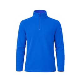 A blue polar fleece jacket with a quarter zip and long sleeves, featuring a simple design and a logo.