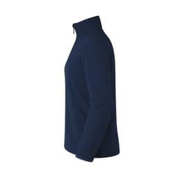 A navy polar fleece jacket with a high collar and zip, featuring a logo on the chest.