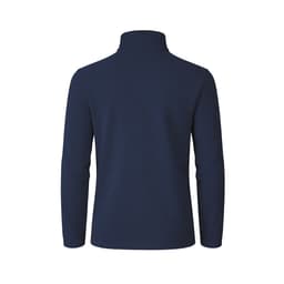 A navy polar fleece jacket with a high collar and long sleeves, featuring a logo on the back.