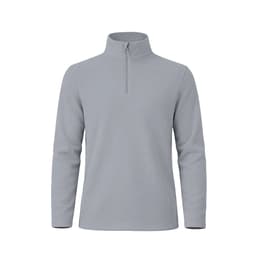 A grey polar fleece jacket with a half-zip collar and long sleeves, featuring a small logo on the chest.