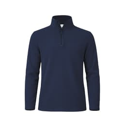 A navy polar fleece jacket with a half zip and long sleeves. It features a simple design and has a logo.