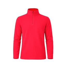 A red polar fleece jacket with a half zip and long sleeves, featuring a logo on the chest.