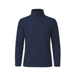 A navy polar fleece jacket features a half-zip collar and long sleeves. It has a brand logo on it.