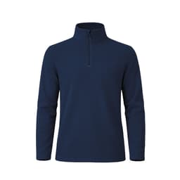 A navy polar fleece jacket with a half zip and long sleeves. Features a logo on the chest.