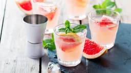 A stainless steel jigger with drinks featuring pink grapefruit, mint leaves, and slices of lemon in glasses.