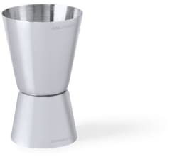 A silver jigger with two measurement sections for liquids, featuring a smooth metallic finish and a rounded base.