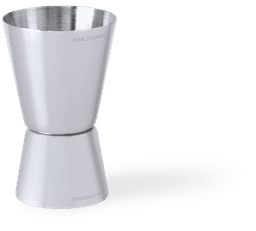 A stainless steel jigger with a sleek design, featuring a wide top and a tapered base, displaying measurement markings.