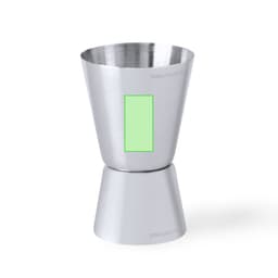 A stainless steel jigger with a tapered design featuring measurement markings in millilitres and ounces.