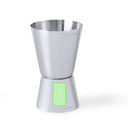 A stainless steel jigger with a polished finish, featuring measurement markings. It has a solid base and a tapered top.