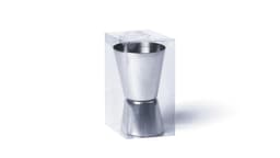 A stainless steel jigger in a clear packaging, featuring a sleek, modern design with a shiny finish.